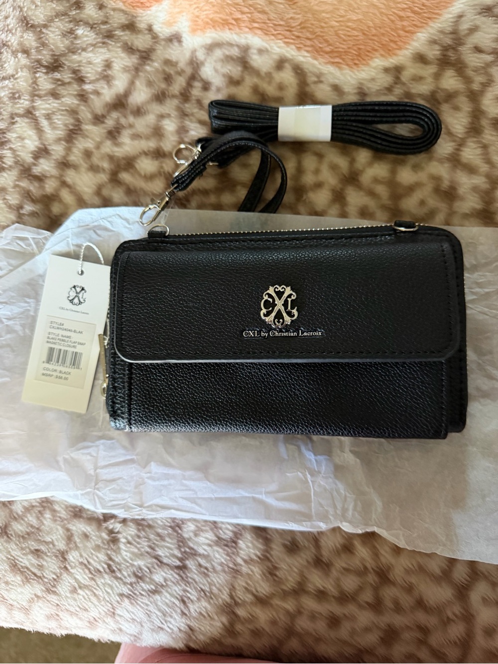 Christian Lacroix Black Pebble Leather Crossbody Wallet